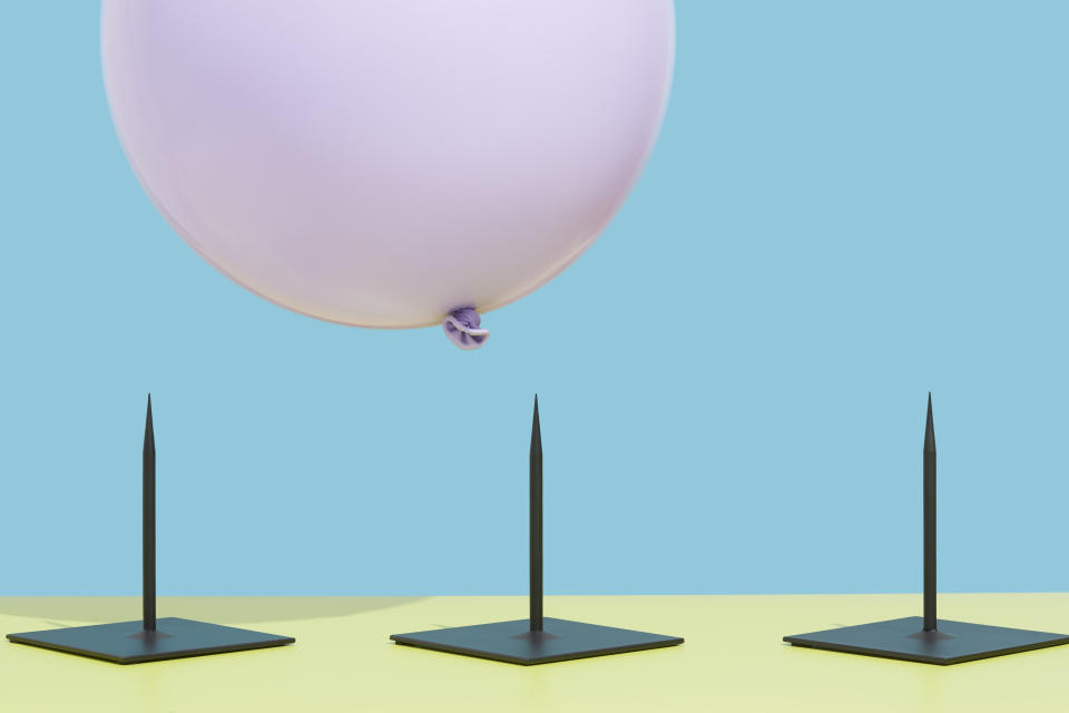 Image of a pink balloon hovering over three spikes to represent risk.