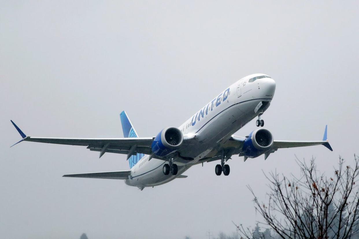In this Dec. 11, 2019, file photo, an United Airlines Boeing 737 Max airplane takes off in the rain at Renton Municipal Airport in Renton, Wash. The airline wants to use more sustainable aviation fuel as part of a plan to decrease its carbon emission intensity by 50% from 2019 to 2035. (Ted S. Warren/The Associated Press - image credit)