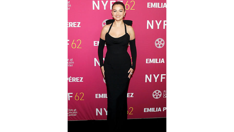 Selena Gomez attends the Emilia Pérez premiere during the 62nd New York Film Festival at Alice Tully Hall on September 30, 2024 in New York City in a black custom-made Vera Wang dress