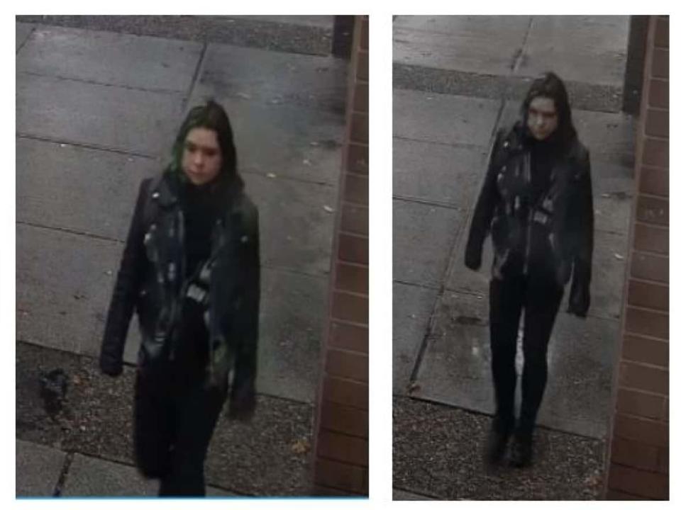 Police in Vancouver are asking for the public's help in identifying a person who threw coffee at a Tim Hortons employee, described as a 25- to 30- year old woman with a medium build, black and green shoulder-length hair, and wearing a black T-shirt, black jeans and black boots with a black rain jacket on the day of the incident. (VPD/submitted - image credit)