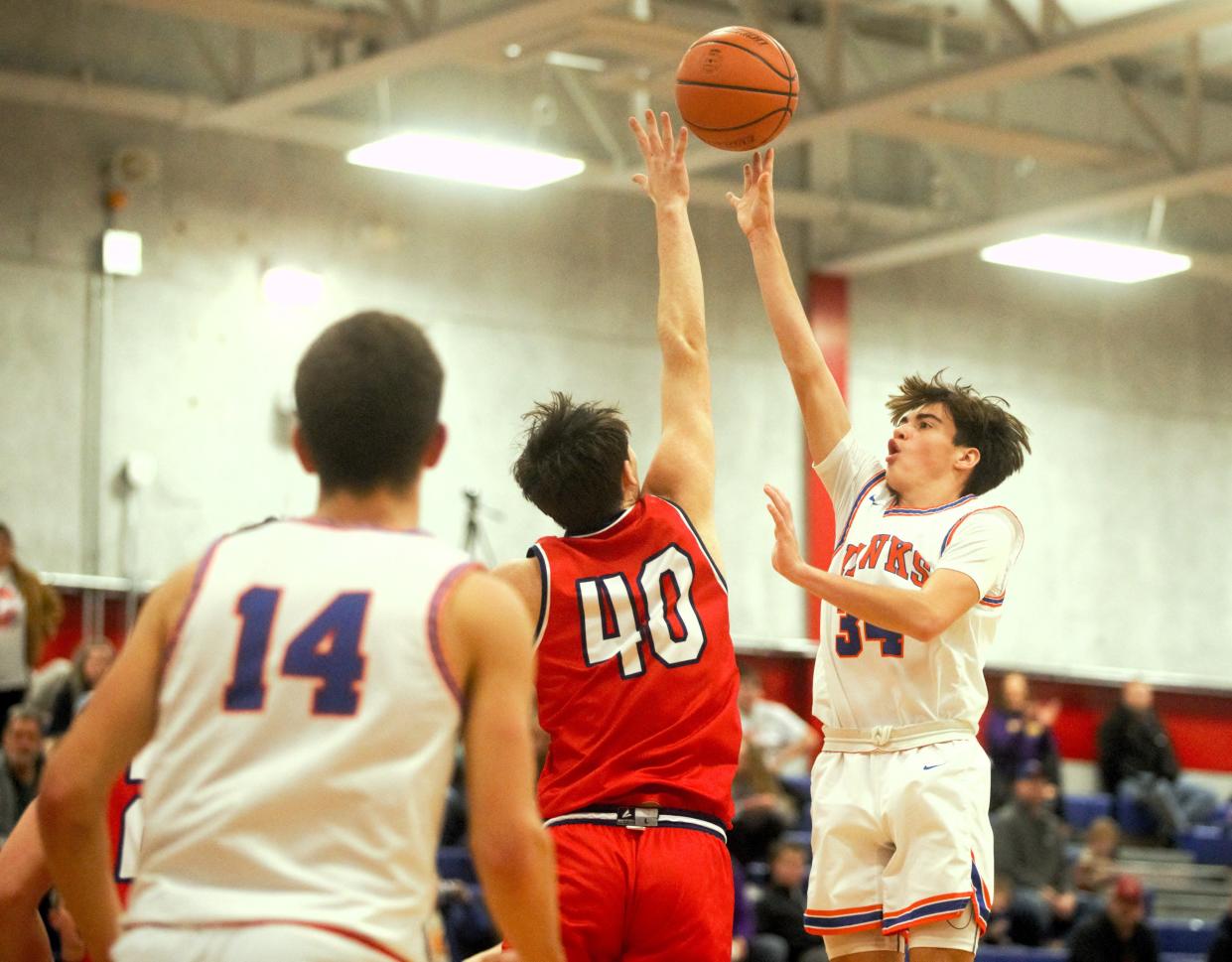 Riverton's Julian Rice lobs a shot against Calvary during the Sangamon County Tournament at Cass Gymnasium on Friday, Jan. 12, 2024.