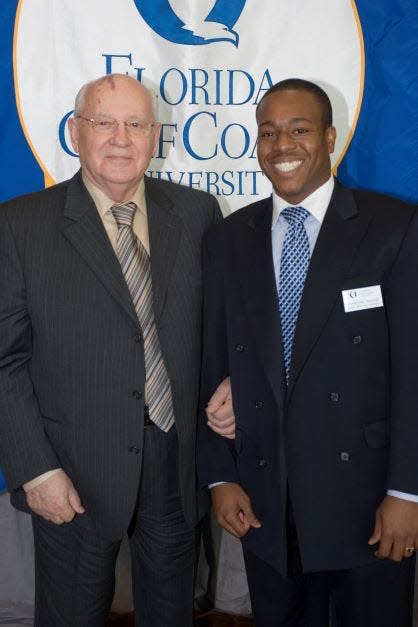 Mikhail Gorbachev with then-student vice president Braxton Rhone during his time here in 2006.