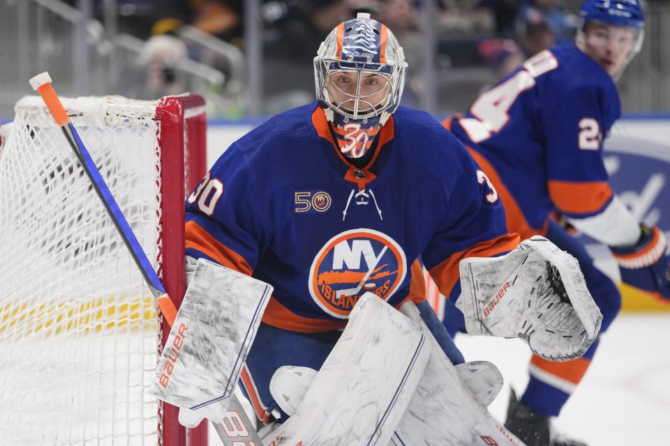 New York Islanders goaltender Ilya Sorokin (30) protects his net during the first period of an NHL hockey game against the Winnipeg Jets Wednesday, Feb. 22, 2023, in Elmont, N.Y. (AP Photo/Frank Franklin II)