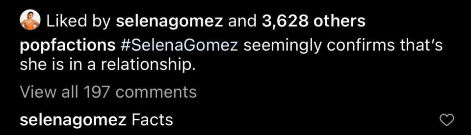 selena gomez's likes and comments on post about not being single
