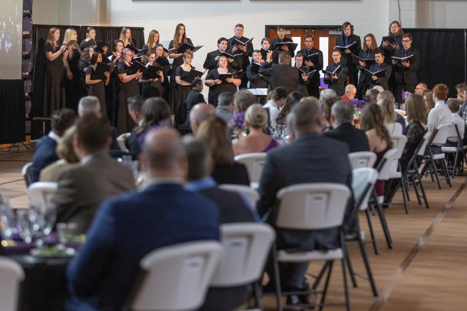 Students perform during the second Scholarship Gala in Mabee Arena at Kansas Wesleyan University. The gala saw the university raise more than $2.7 million in support for student scholarships, the most funding raised by the school during a single event.