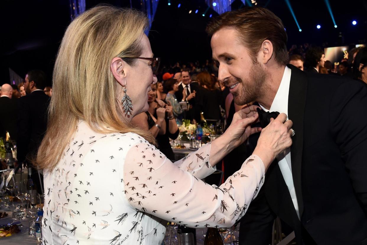 Helping hand: Meryl Streep fixes Ryan Gosling's tie: Rex Features