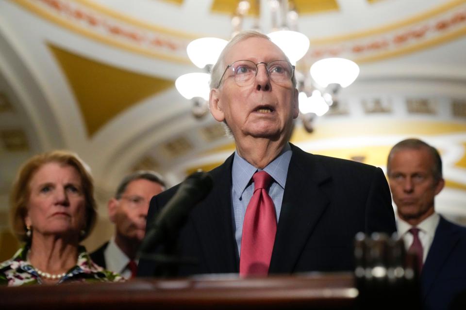 Senate Minority Leader Mitch McConnell, R-Ky., speaks to reporters after a closed-door GOP strategy meeting, at the Capitol in Washington, Wednesday, Sept. 6, 2023. McConnell did not elaborate on his health status in the wake of two public episodes where he froze while talking to the press.