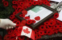 A woman places a poppy on the Tomb of the Unknown Soldier following the Remembrance Day ceremony at the National War Memorial in Ottawa November 11, 2013. REUTERS/Chris Wattie (CANADA - Tags: MILITARY ANNIVERSARY)