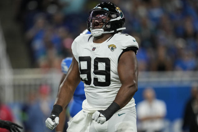 Jacksonville Jaguars linebacker Yasir Abdullah (56) watches during an  preseason NFL football game against the Detroit Lions in Detroit, Saturday,  Aug. 19, 2023. (AP Photo/Paul Sancya Stock Photo - Alamy