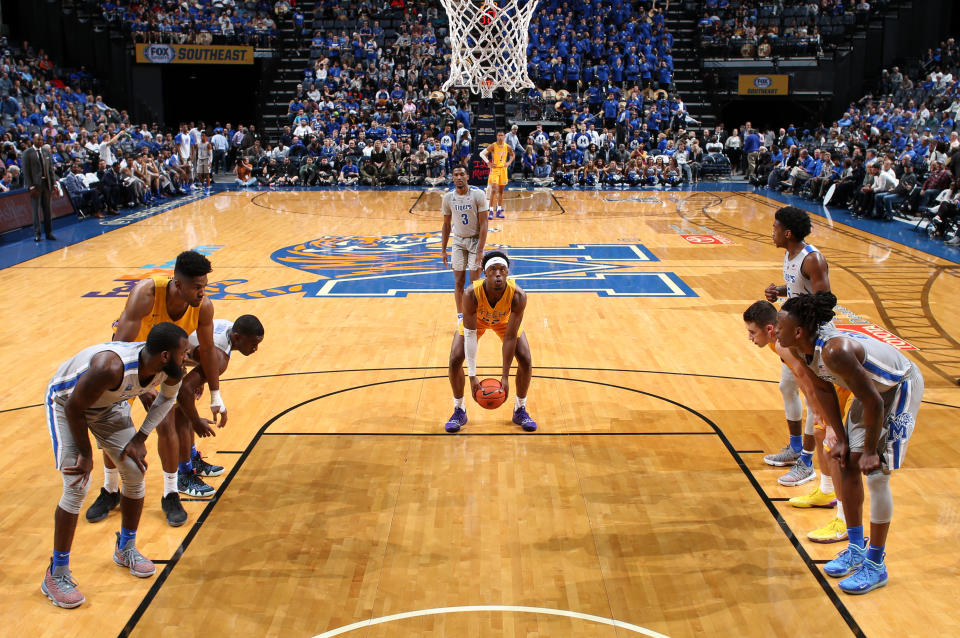 MEMPHIS, TN - NOVEMBER 6: Courtney Alexander II #22 of the Tennessee Tech Golden Eagles shoots a free-throw underhanded against the Memphis Tigers on November 6, 2018 at FedExForum in Memphis, Tennessee. Memphis defeated Tennessee Tech 76-61. (Photo by Joe Murphy/Getty Images)