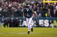 Philadelphia Eagles wide receiver DeVonta Smith runs a route against the New York Giants during the first half of an NFL divisional round playoff football game, Saturday, Jan. 21, 2023, in Philadelphia. (AP Photo/Matt Slocum)