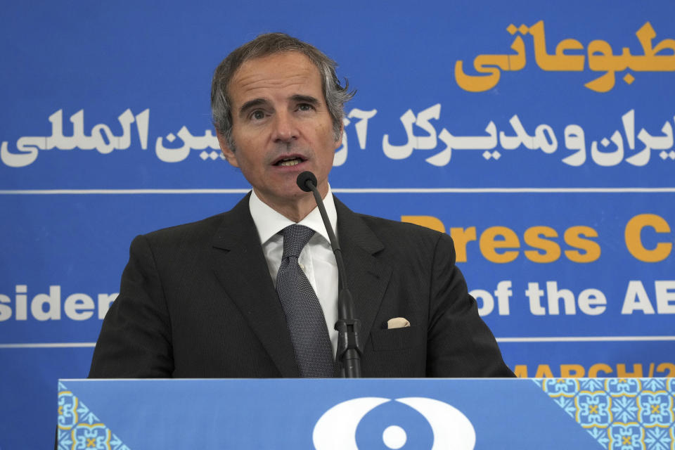 International Atomic Energy Organization, IAEA, Director General Rafael Mariano Grossi speaks during a joint press conference with head of Atomic Energy Organization of Iran Mohammad Eslami, in Tehran, Saturday, March 4, 2023. (AP Photo/Vahid Salemi)