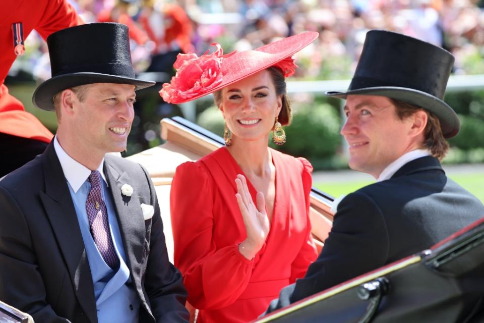 kate middleton, royal ascot, 2023, red dress, hat, prince william, ascot england