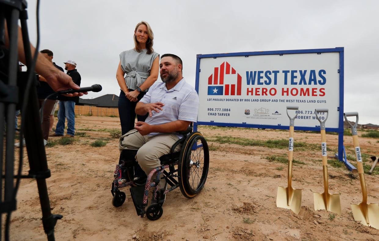 Jason Lilley talks to the media after the ceremony. West Texas Hero Homes held a ground breaking ceremony in Wolfforth Monday, Sept. 25, 2023, to build a home for U.S. Marine Corps Sergeant Jason Lilley and his family.