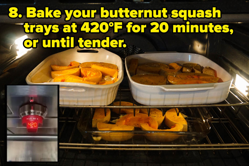 butternut squash slices in tray in oven (insest) florence pugh's oven at 420