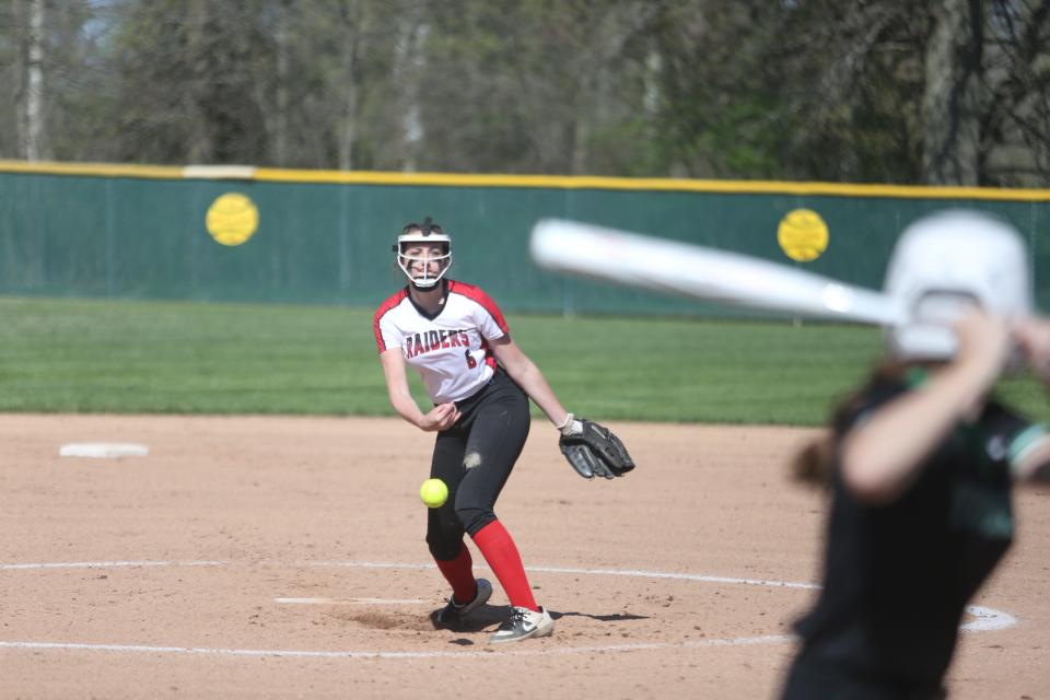 Wapahani softball's Kya VanNote pitching in her team's 6-1 lostt to Yorktown in the 2022 Delaware County championship on Saturday, May 7, 2022.