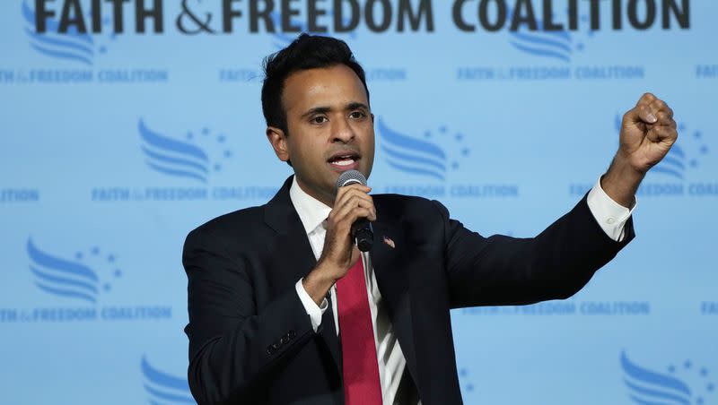 Republican presidential candidate Vivek Ramaswamy speaks during the Iowa Faith and Freedom Coalition Spring Kick-Off on April 22, 2023, in Clive, Iowa.