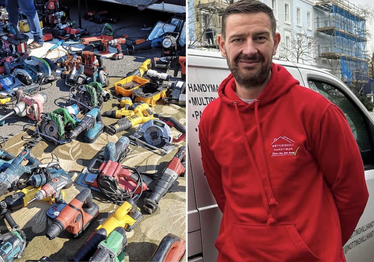 Tools being sold at a car boot sale and Roy Melville, founder of Notting Hill Handyman (Supplied )