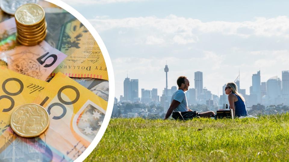 Money and couple on date with view of Sydney skyline