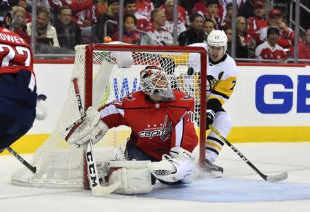 Nov 10, 2017; Washington, DC, USA; Pittsburgh Penguins right wing Phil Kessel (81) scores a goal past Washington Capitals goalie Braden Holtby (70) during the second period at Capital One Arena. Mandatory Credit: Brad Mills-USA TODAY Sports