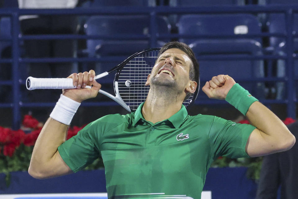 Novak Djokovic, pictured here celebrating after beating Lorenzo Musetti in Dubai.