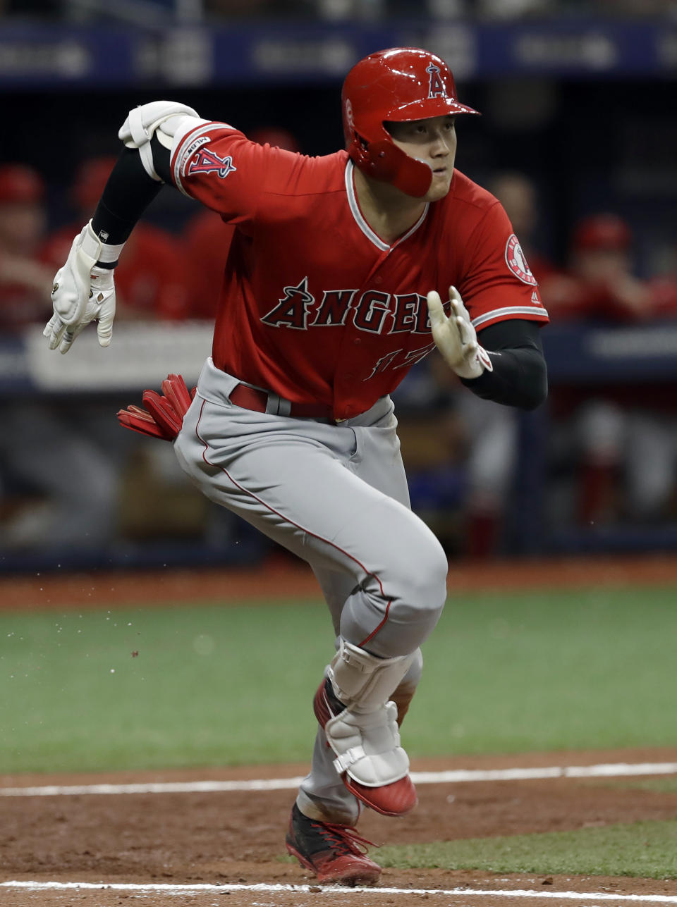 Los Angeles Angels' Shohei Ohtani, of Japan, runs to first with a triple off Tampa Bay Rays' Ryan Yarbrough during the fifth inning of a baseball game Thursday, June 13, 2019, in St. Petersburg, Fla. (AP Photo/Chris O'Meara)