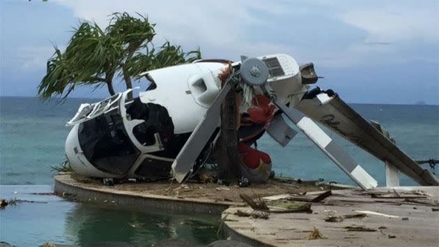 This is the terrifying moment a Eurocopter came crashing down on Treasure Island in Fiji. Photo: Bob Carroll