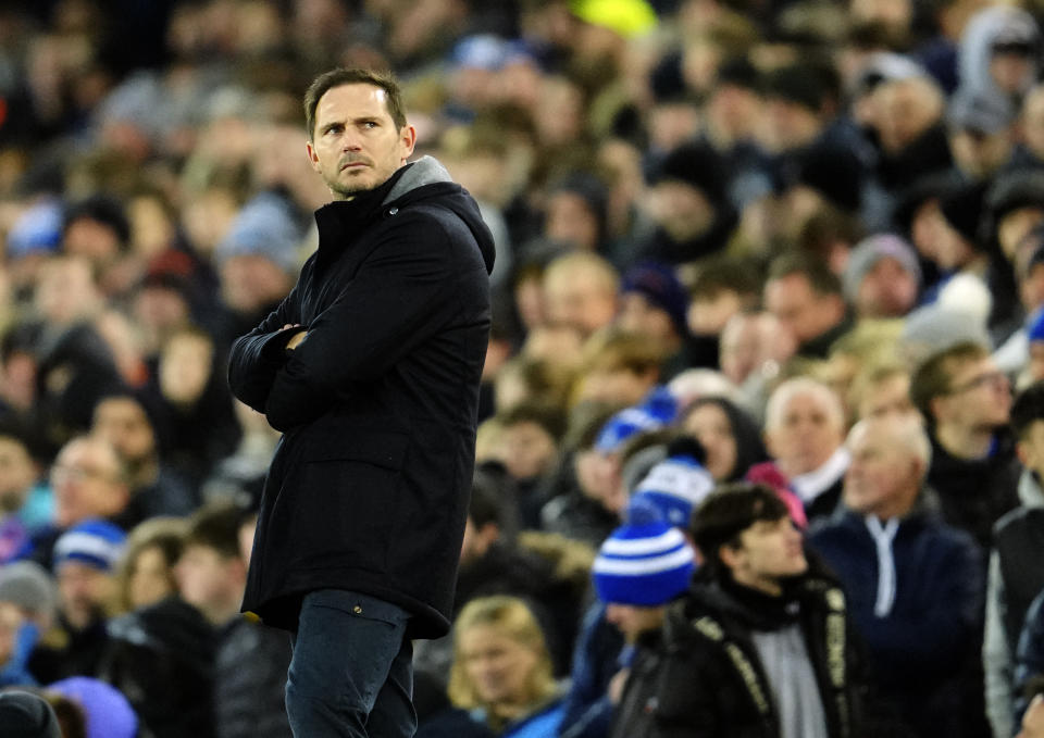 Everton's head coach Frank Lampard reacts during the English Premier League soccer match between Everton and Southampton at Goodison Park in Liverpool, England, Saturday, Jan. 14, 2023. (AP Photo/Jon Super)