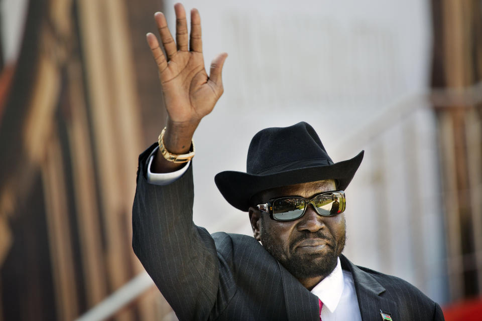 FILE - In this Saturday, May 25, 2019 file photo, South Sudan's President Salva Kiir arrives for the swearing-in ceremony of Cyril Ramaphosa at Loftus Versfeld stadium in Pretoria, South Africa. A new report made public in Nov. 2019 says South Sudan's National Security Service has recruited a force of 10,000 fighters in President Salva Kiir's ethnic stronghold, in apparent breach of the terms of the country's peace deal. (AP Photo/Jerome Delay, File)