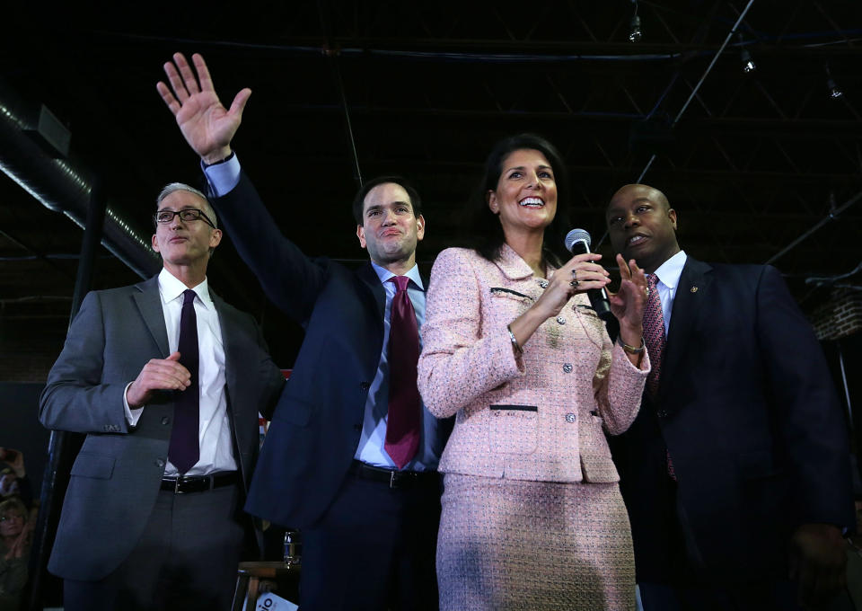 Gov. Nikki Haley with from left, Rep. Trey Gowdy, R-S.C, Republican presidential candidate Sen. Marco Rubio, R-Fla., and Sen. Tim Scott, R-S.C. during an event Greenville, S.C., in February 2016