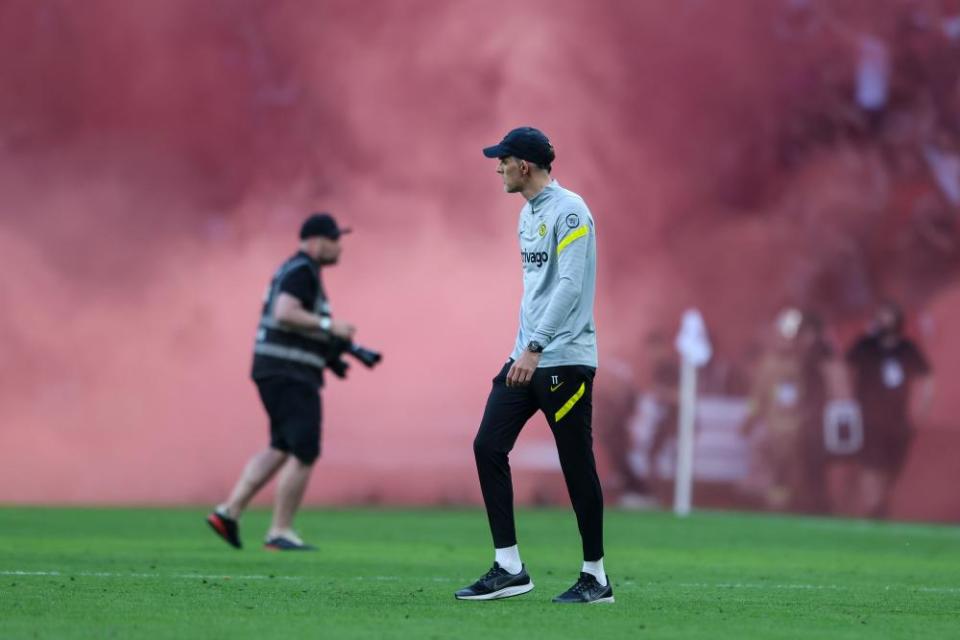 Chelsea’s head coach Thomas Tuchel on the Wembley pitch after a shootout defeat by Liverpool.