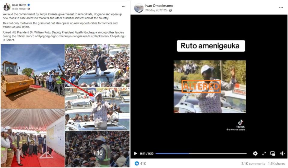 <span>A screenshot comparing the altered video (right) and Facebook post capturing Kenya's deputy president at a road launch (left), taken on June 20, 2024</span>