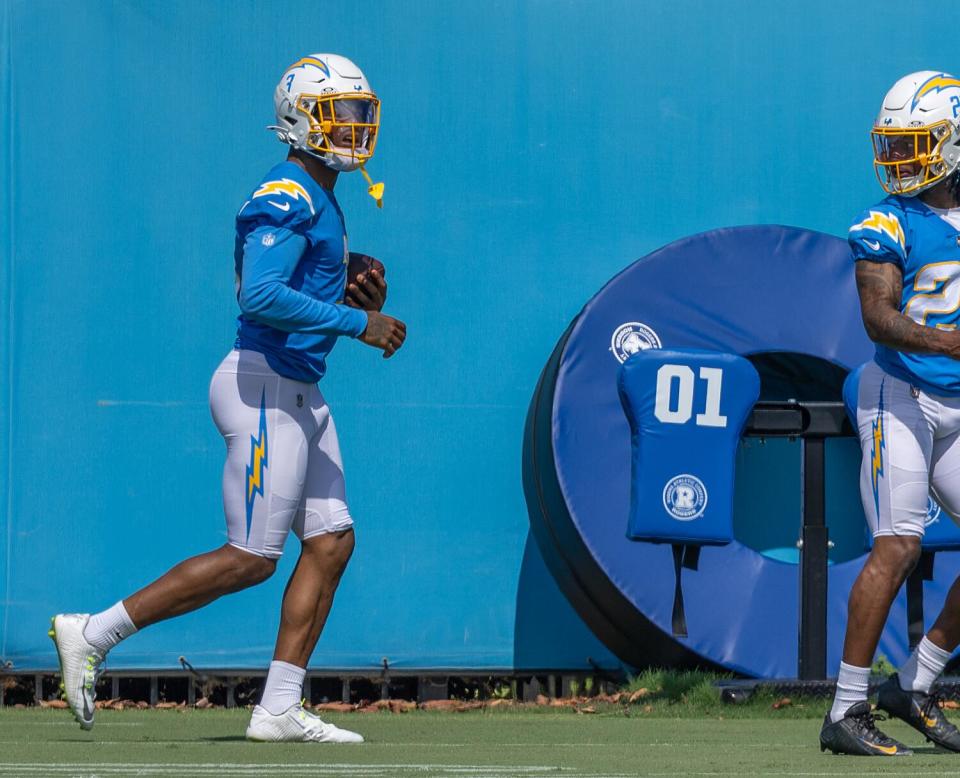 Chargers safety Derwin James Jr. (left) and cornerback Asante Samuel Jr. (left)