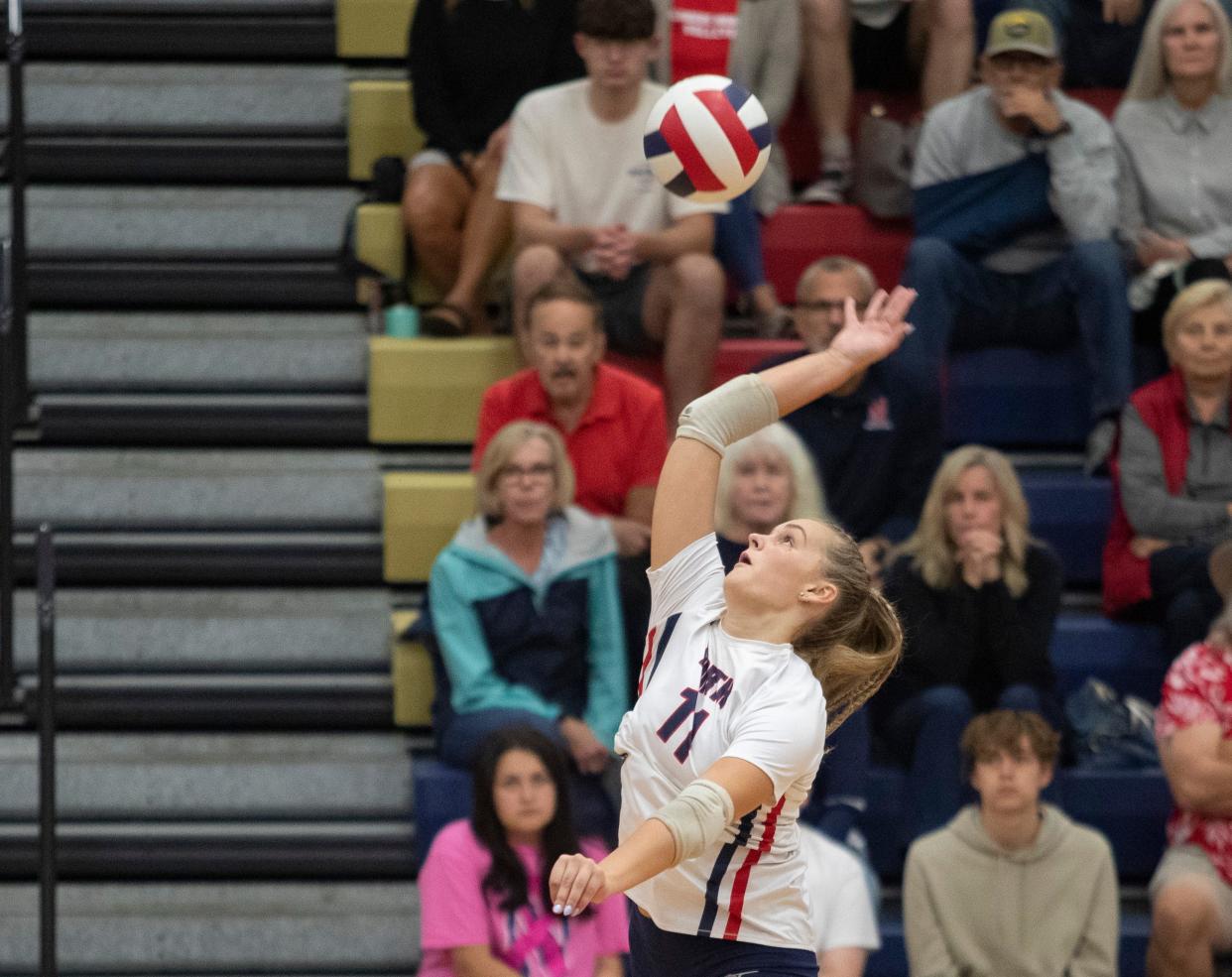 Belvidere North's Riley Johnson, shown spiking the ball against Hononegah on Sept. 26, 2023, at Belvidere North High School, had one kill and one block Friday in North's Class 3A supersectional loss to defending state champ Wheaton St. Francis.