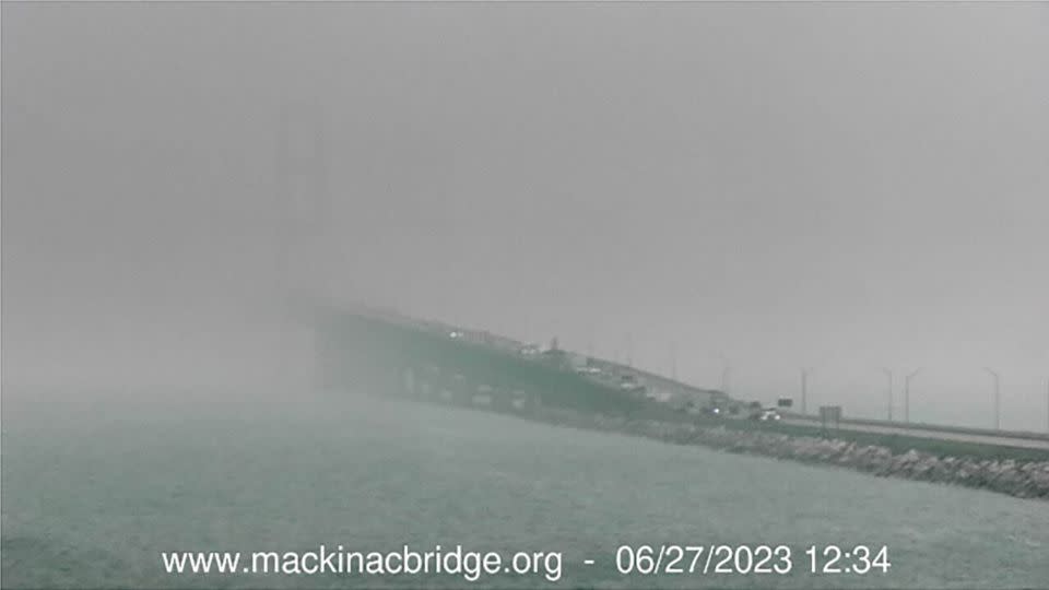 Smoke from Canadian fires covers the Mackinac Bridge connecting the Upper and Lower peninsulas of Michigan. - The Mackinac Bridge Authority