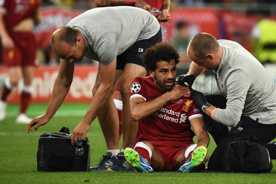 Mohamed Salah left the Champions League final between Liverpool and Real Madrid with a shoulder injury. (Getty)