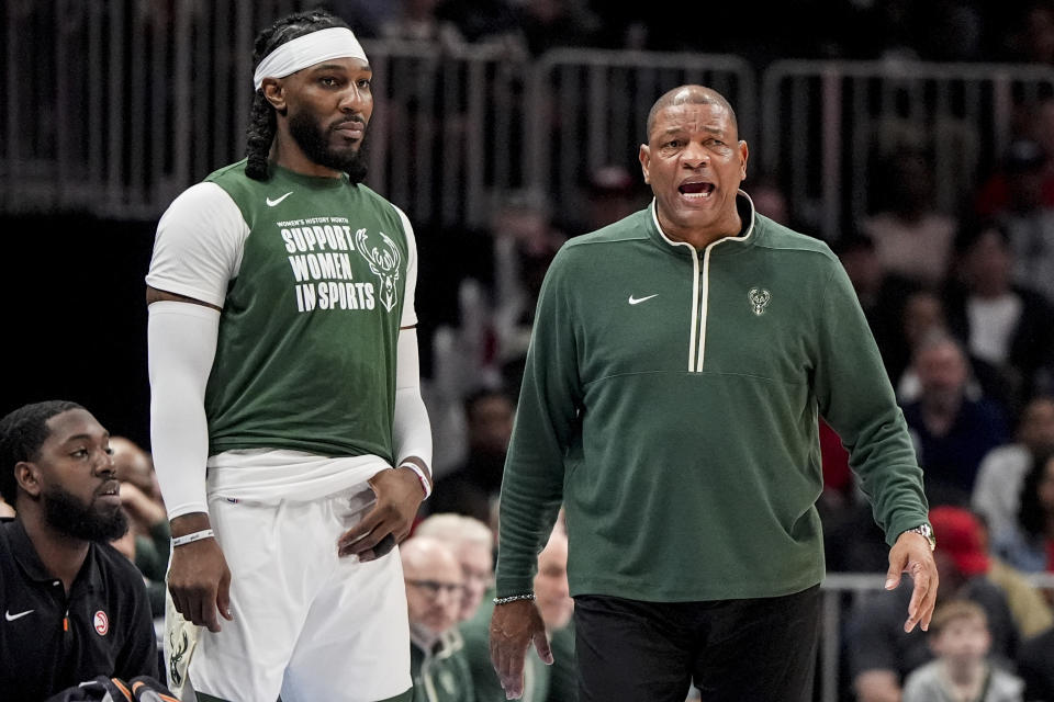 Milwaukee Bucks head coach Doc Rivers reacts to play against the Atlanta Hawks during the first half of an NBA basketball game, Saturday, March 30, 2024, in Atlanta. (AP Photo/Mike Stewart)