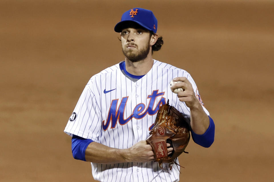 New York Mets pitcher Steven Matz reacts during the second inning of a baseball game against the Atlanta Braves, Friday, Sept. 18, 2020, in New York. (AP Photo/Adam Hunger)