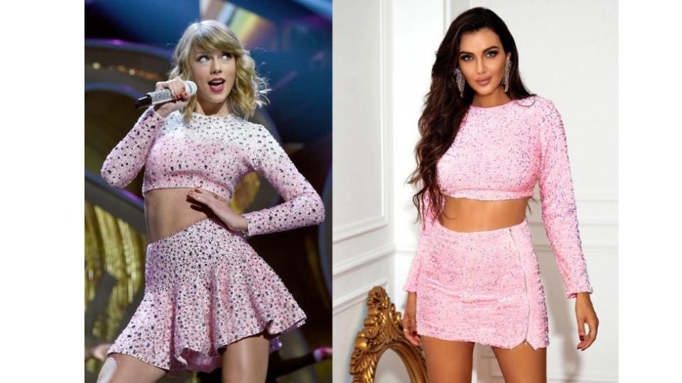 Taylor Swift in sequin pink skirt and crop top and model wearing Shein's outfit