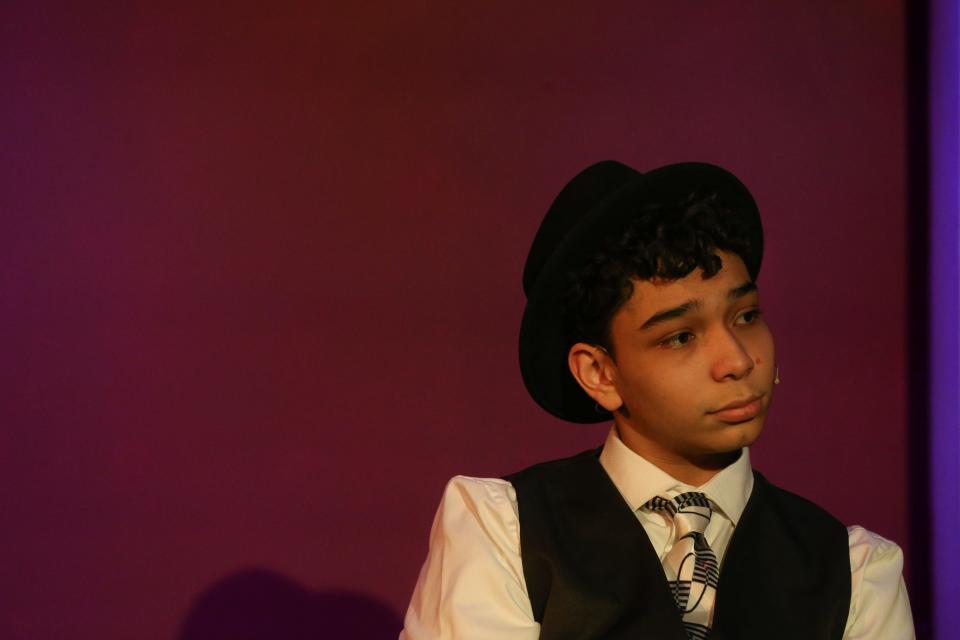 Cash Cisneros, 17, stars as the titular character during dress rehearsal of "Bugsy Malone" at Aurora Arts Theatre Wednesday, May 22, 2024.