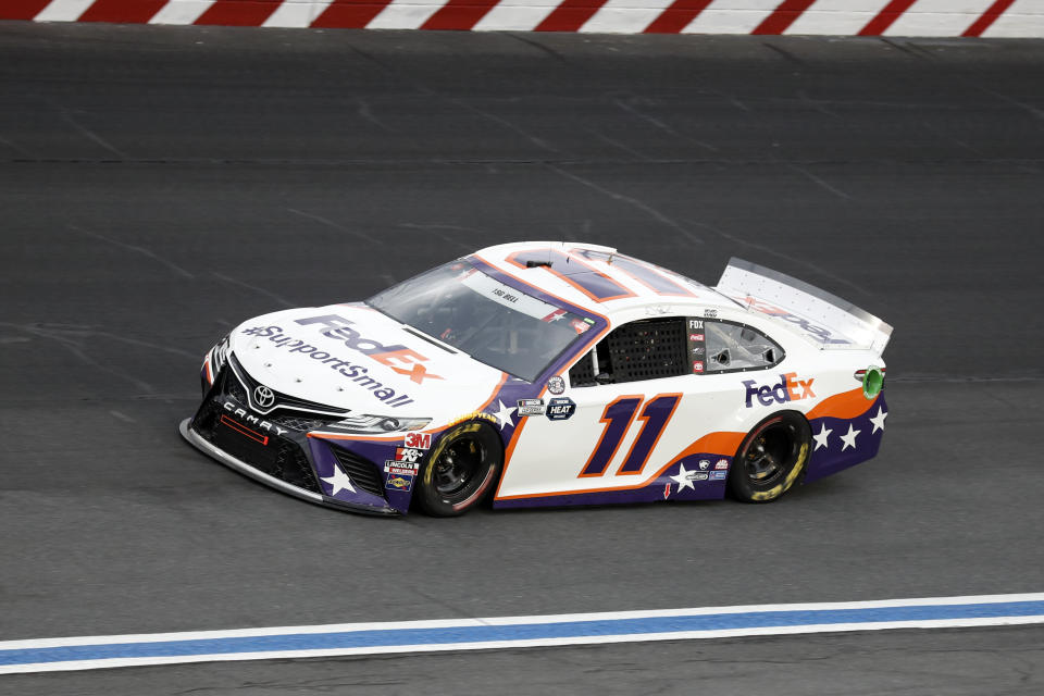 Denny Hamlin drives during the NASCAR Cup Series auto race at Charlotte Motor Speedway Sunday, May 24, 2020, in Concord, N.C. (AP Photo/Gerry Broome)