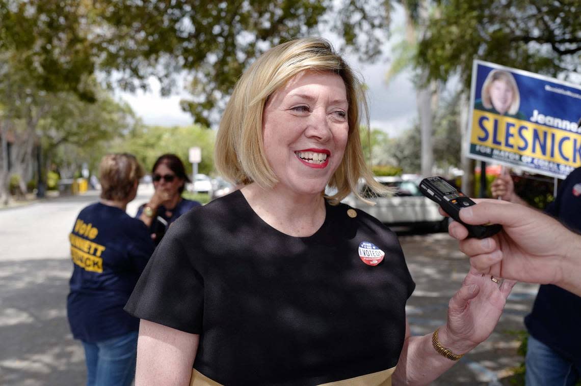 In this file photo from April 11, 2017, Jeannett Slesnick is seen on the campaign trail in Coral Gables, speaking to residents and the press. The commissioner was running for mayor.