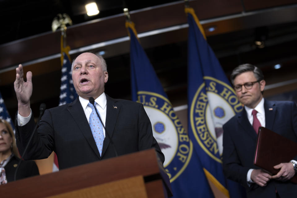 Majority Leader Steve Scalise, R-La., left, and Speaker of the House Mike Johnson, R-La., right, discuss President Joe Biden for his policies at the Mexican border during a news conference at the Capitol in Washington, Thursday, Feb. 29, 2024. (AP Photo/J. Scott Applewhite)