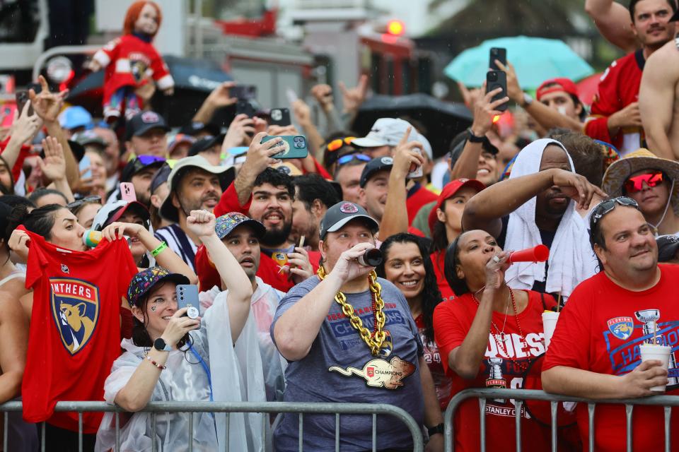 Jun 30, 2024; Fort Lauderdale, Florida, USA; Florida Panthers fans celebrate during the Stanley Cup victory parade and celebration. Mandatory Credit: Sam Navarro-USA TODAY Sports