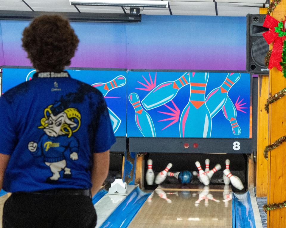 Kennard-Dale’s Nick Gaumer watches as he rolls a strike in a match against Red Lion on Wednesday, Dec. 13, 2022.