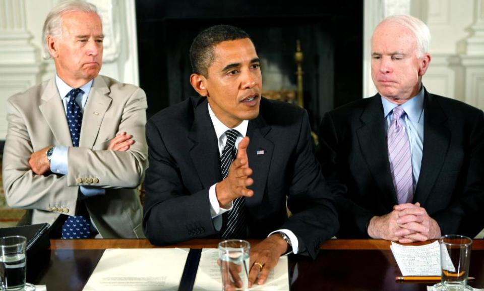 Barack Obama speaks about immigration reform in 2009, flanked by Joe Biden and John McCain.