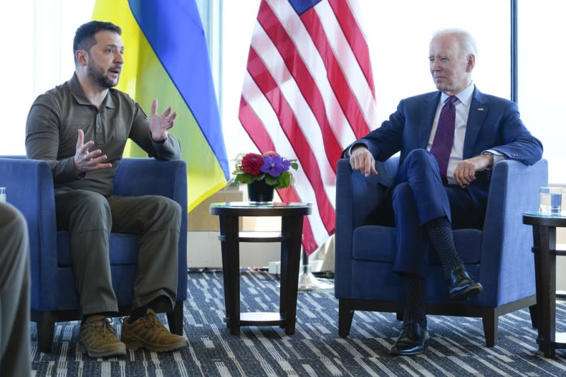 2023年5月21日，美國總統拜登與烏克蘭總統哲連斯基在日本廣島會晤。（美聯社）