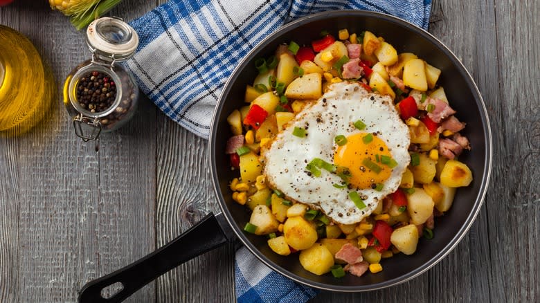 Oyster hash with fried eggs