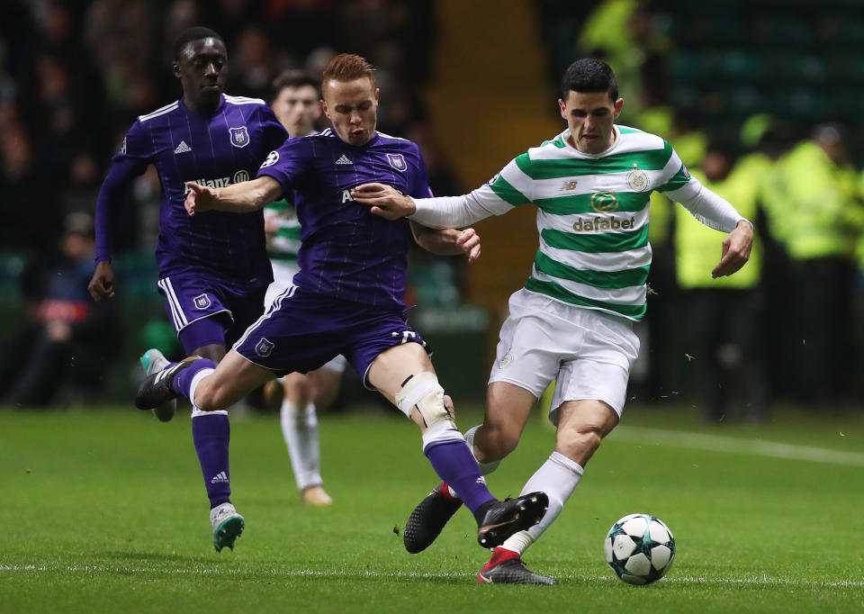 Adrien Trebel of RSC Anderlecht vies with Tomas Rogic of Celtic during the UEFA Champions League group B match between Celtic FC and RSC Anderlecht