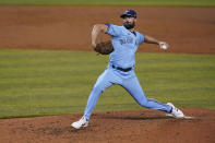 Toronto Blue Jays' Robbie Ray pitches during the third inning of a baseball game against the Miami Marlins, Tuesday, Sept. 1, 2020, in Miami. (AP Photo/Wilfredo Lee)